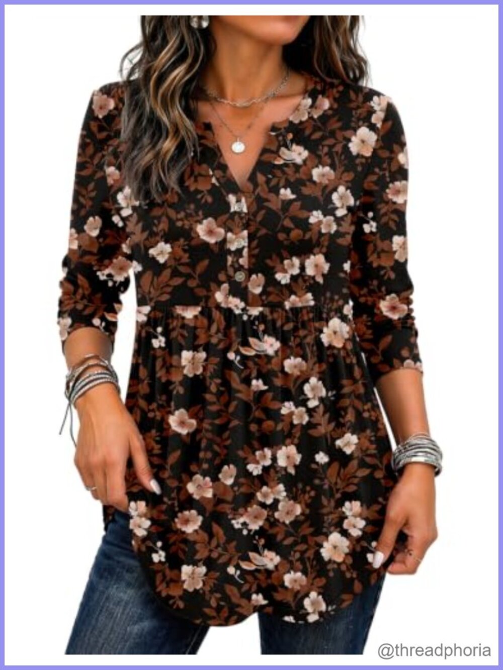 Women's Henley V-Neck Pleated Tunic Top Long Sleeve Boho Blouse